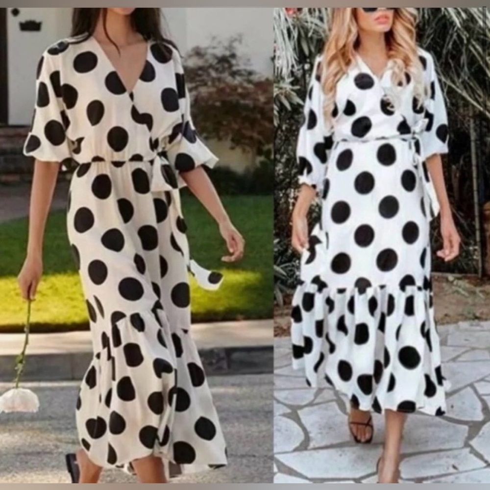H&M White & Black Polka Dot Spot Tiered Faux Wrap Midi Dress (xs)